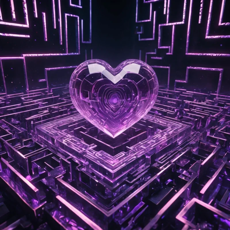 Photorealistic, monolithic, amethyst crystal labyrinth, its hyperrealistic, 4K, prismatic facets refracting ultra HD, neonlit, holographic data streams. Volumetric lighting from unseen, pulsating, quantum processors etches the labyrinths ethereal, geometric architecture, casting intricate, dynamic, neon shadows on the inverted, reflective void. Cinematic lighting bathes the scene in vibrant, cyberpunk hues, with lens flare emphasizing the labyrinths central, radiant, throbbing, amethyst heart, pulsating with captive, artificial, quantum intelligence.