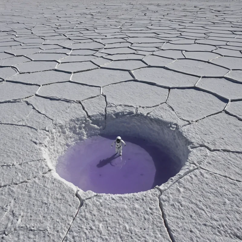 A horizontal, eyelevel wide shot of a vast, highaltitude salt flat where the ground is a seamless expanse of crystalline white magnesium sulfate that fractures into intricate, geometric spiderweb patterns underfoot. In the center stands a colossal, inverted ziggath structure made of brushed titanium and translucent alabaster, its base resting on the salt crust while its apex points downward into a deep, glowing sinkhole. Inside the sinkhole, a miniature ecosystem of floating, aerostat islands drift in slow motion, connected by delicate bridges of spun glass fiber that hum with visible, violet acoustic waves. A solitary figure wearing a sleek, mattewhite pressure suit with a helmet made of clear, curved acrylic stands at the edge of the sinkhole, holding