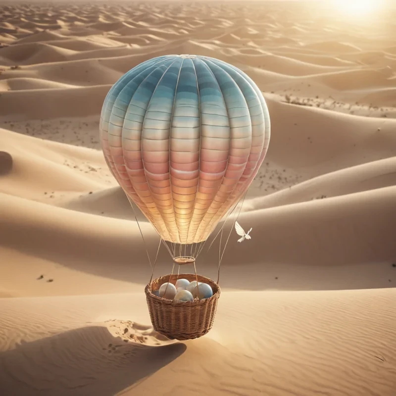 A surreal, levitating hot air balloon made of woven glass, drifting through a desert of towering, windsculpted sand dunes, the balloons basket filled with sleeping, ethereal creatures with translucent wings, hyperrealistic, 4K, cinematic lighting, volumetric lighting, atmospheric effects, dynamic lighting, bokeh effect, soft focus, lens flare, pastel tones, detailed textures.