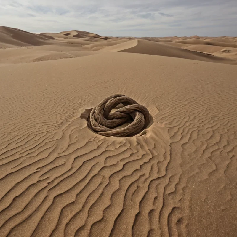 A single, selfdissolving knot of reversed patience, shaped like a 4,000dimensional tangle of unformed endurance and inverted waiting, floats in the center of a vast, inverted desert of solidified urgency  each dune carved from the exact moment between a hand reaching for a door and its refusal to turn the knob, a letter being written and dissolving into nonepistolary stillness, a promise forming and collapsing into pure, unmeasured delay. The knot does not hold time  it unholds it, each twisted strand shedding a layer of temporal potential that never coalesced into patient action, reforming into ephemeral, lapislazulithreaded afterimages shaped like the negative space between two