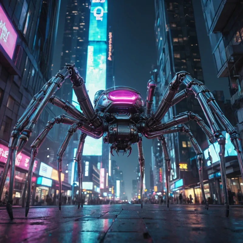 A gigantic, mechanical spider descends from the sky, its legs made of shimmering, iridescent metal, crawling down the side of a towering, neonlit skyscraper in a bustling cyberpunk city, hyperrealistic, 8K, cinematic lighting, volumetric lighting, atmospheric effects, dynamic lighting, bokeh effect, soft focus, lens flare, neon blues, electric pinks, and metallic silvers, detailed textures.