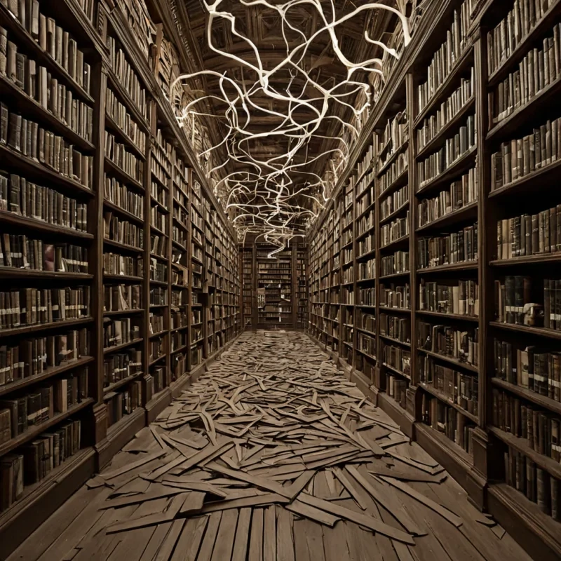 A single, selfsiphoning filament of liquid time coils through the center of a vast, still library composed entirely of inverted, petrified decisions from a civilization that communicated through the weight of unchosen paths. The filament does not flowit unravels, each strand peeling backward like a wound that never healed, its structure shaped like the negative space between two feet that never stepped onto the same road, pulsing with the faint, chronometric afterimage of a moment that was almost lived. The library is not made of wood or paperit is a layered expanse of solidified hesitation, each shelf etched with the emotional residue of a door that was never opened, its spines shimmering with the ghostly outline of