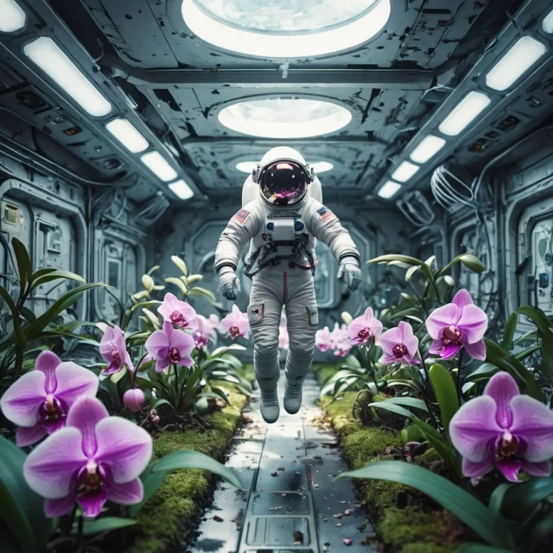 A lone astronaut floats in a zerogravity garden, tending to luminescent, levitating orchids in a derelict space station, hyperrealistic, ultra HD, cinematic lighting, dynamic lighting, bokeh effect, pastel tones, detailed textures.