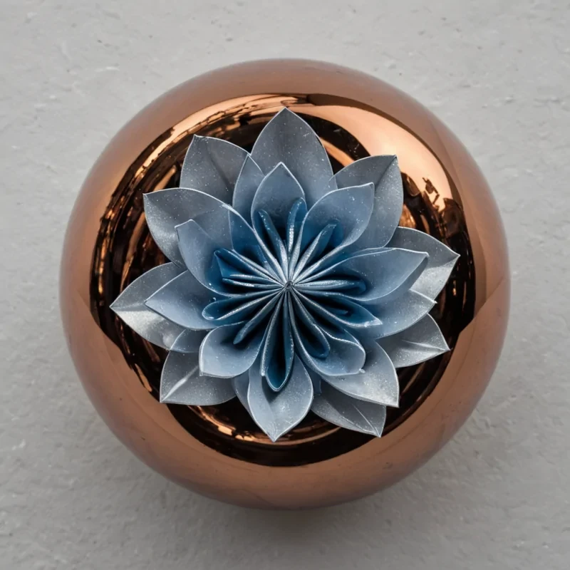 A highangle, topdown macro shot of a perfect circle of liquid, mercurysilver paint suspended in the air, defying gravity and forming a flawless, convex lens. Within the center of this metallic sphere, suspended in a clear, viscous gel, is a single, intricately folded origami lotus flower made of thin, flexible sheets of brushed copper. The copper petals are slightly unfurled, revealing a hollow center filled with swirling, luminous, violetblue plasma that emits a soft, pulsating glow. Surrounding the central sphere is a chaotic, yet organized, array of hundreds of tiny, black, spherical beads, each one coated in a fine layer of white, crystalline frost, arranged in concentric rings that fade