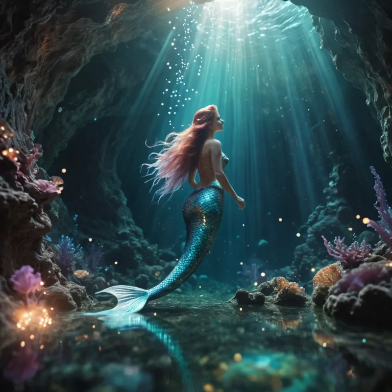 A lone, ethereal mermaid glides through an underwater cavern, her iridescent tail leaving a trail of glowing spores, hyperrealistic, ultra HD, cinematic lighting, volumetric lighting, atmospheric effects, bokeh effect, lens flare, pastel tones, detailed textures.