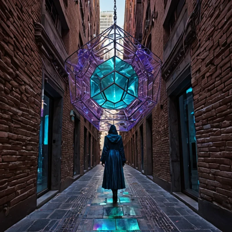A horizontal, eyelevel medium shot of a bustling, vertical urban canyon constructed from towering stacks of weathered, terracotta clay bricks interspersed with panels of iridescent, motherofpearl composite. The narrow alleyway floor is a seamless, glossy expanse of dark, polished obsidian that mirrors the vibrant activity above. Suspended between the buildings are intricate networks of glowing, fiberoptic cables that pulse with soft, teal and magenta data streams, connecting floating, hexagonal platforms where artisans craft delicate, translucent glass instruments. In the center, a figure wearing a structured, architectural coat made of layered, sheer organza in deep indigo holds a large, ornate tuning fork crafted from brushed gold, striking it to