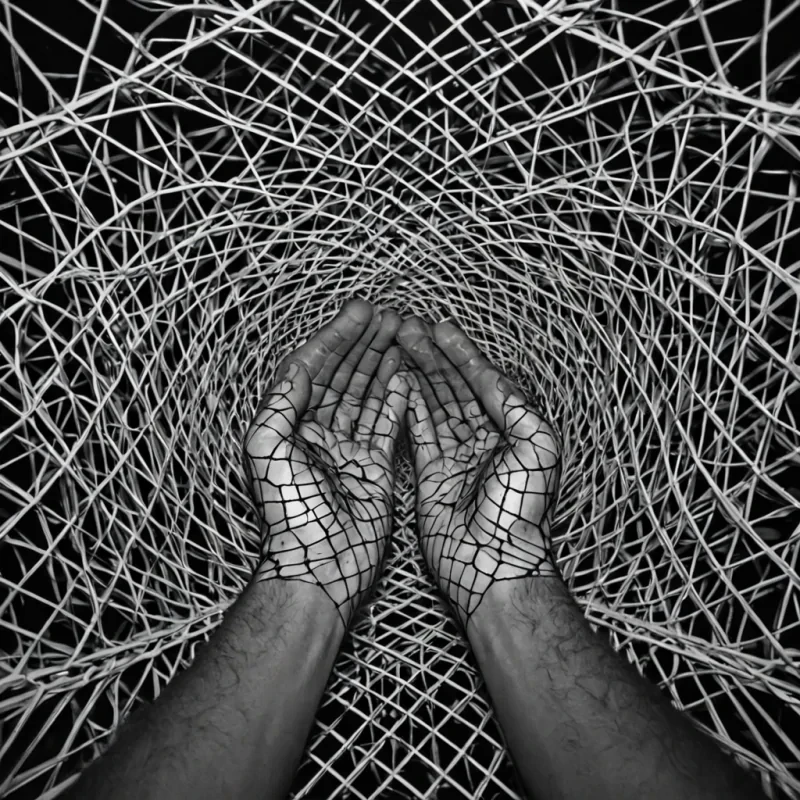 A single, selfresonating lattice of reversed empathy, shaped like a 4,107dimensional mesh of unformed compassion and inverted connection, pulses in the center of a vast, inverted marketplace of solidified indifferenceeach stall carved from the exact moment between a hand reaching out and its refusal to be held, a word of comfort forming and dissolving into nonemotional stillness, a glance of recognition collapsing into pure, unmeasured alienation. The mesh does not bindit unbinds, each shimmering node shedding a layer of relational potential that never coalesced into mutual understanding, reforming into ephemeral, amethystthreaded afterimages shaped like the negative space between two palms that never met in a world where