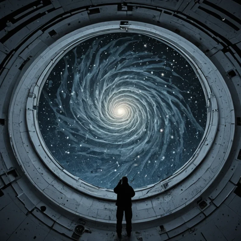 A single, selfsustaining mirror made of solidified silence floats in the center of a vast, still observatory built entirely of compressed, unobserved constellations from a civilization that communicated through the texture of unbroken glass. The mirror does not reflectit absorbs, drawing in the light of distant stars and transforming it into a slow, spiraling bloom of negative space shaped like the outline of a hand that never reached for the sky, each ripple glowing with the faint, subsonic afterimage of a question whispered into the void. The observatory floor is not stoneit is a layered expanse of frozen breaths from a thousand unasked what ifs, each tile etched with the emotional residue of a decision never made