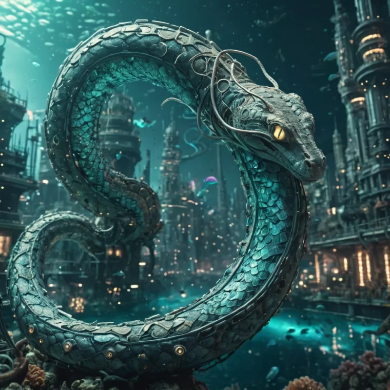 A gargantuan, ancient clockwork serpent slithering through a bustling, futuristic underwater metropolis, its metallic scales glinting under the deepsea bioluminescence, hyperrealistic, 4K, cinematic lighting, volumetric lighting, atmospheric effects, dynamic lighting, bokeh effect, soft focus, lens flare, pastel tones, detailed textures.
