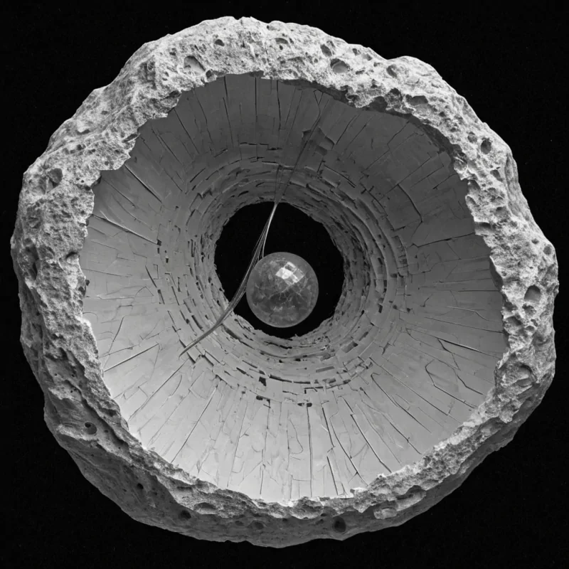 A single, selfoscillating cluster of reversed gravity, shaped like a 12,487dimensional tesseract of unformed weight and inverted mass, hovers at the center of a vast, inverted observatory of solidified zeroG  each lens carved from the exact moment between a stone falling and its refusal to accelerate, a feather drifting upward and dissolving into nonmomentum stillness, a heartbeat syncing with a pendulum and collapsing into pure, unmeasured noninertia. The cluster does not attract matter  it unattracts it, each pulsating node shedding a layer of gravitational potential that never coalesced into tangible pull, reforming into ephemeral, silverveined afterimages shaped like the negative