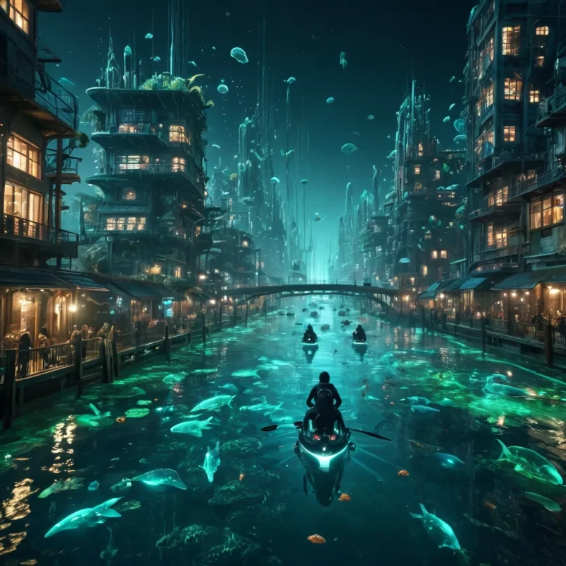 A vast, underwater metropolis illuminated by bioluminescent algae, with inhabitants riding translucent, eellike creatures through crystalclear canals, hyperrealistic, 4K, cinematic lighting, volumetric lighting, atmospheric effects, dynamic lighting, bokeh effect, soft focus, lens flare, vibrant colors, detailed textures.