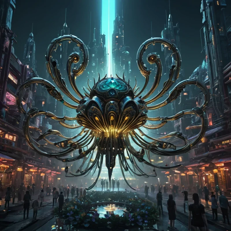 A colossal, ancient, mechanical lotus, its metallic petals unfurling to reveal a labyrinthine, neonlit city within, blooms from the heart of a vast, undulating, obsidian plain. Suspended within the lotus stamen, a holographic, sentient, mechanical swarm of dragonflies dances, casting ephemeral shadows on the citys inhabitants sentient, robotic, reptilian creatures. Rendered in ultra HD, with volumetric lighting, atmospheric effects, and vibrant colors, evoking a sense of surreal, otherworldly wonder.