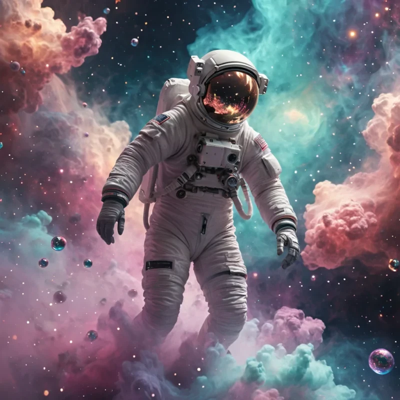 A lone astronaut drifts through a nebula, surrounded by floating, iridescent orbs that pulse with inner light, hyperrealistic, ultra HD, cinematic lighting, volumetric lighting, atmospheric effects, bokeh effect, pastel tones, detailed textures.