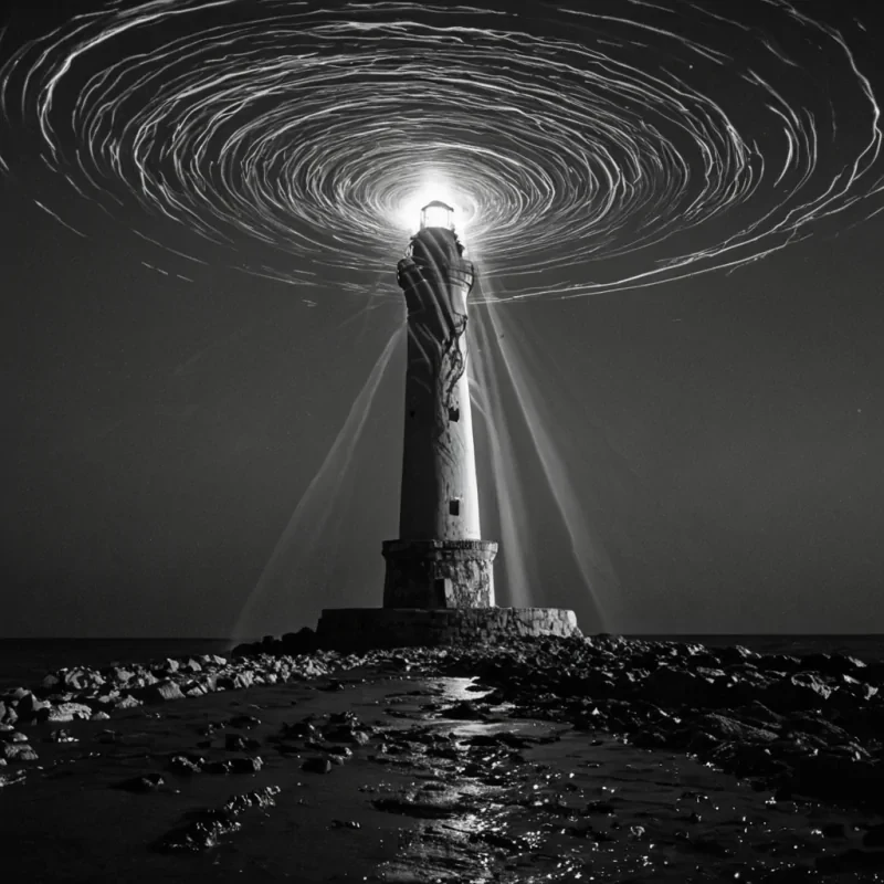 A single, selfgenerating tangle of reversed light, shaped like a 109dimensional braid of unformed photons and inverted luminescence, drifts through the center of a vast, inverted lighthouse of solidified darknesseach beam carved from the petrified instant between a flare ignited and its refusal to burn, a signal sent and its sudden collapse into static, a beacons pulse and its silent unraveling into pure void. The tangle does not emitit unemits, each shimmering strand shedding a layer of radiant potential that never coalesced into a shared illumination, reforming into ephemeral, cobaltthreaded afterimages shaped like the negative space between two eyes that never saw the same horizon,