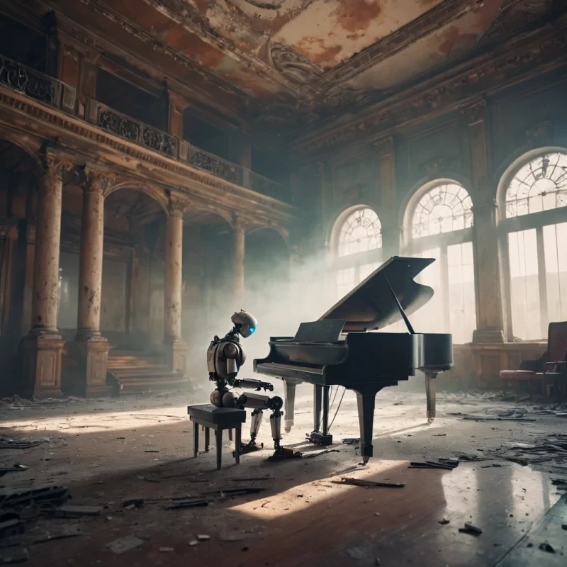 A lone, rusted robot playing a melancholic melody on a grand piano in an abandoned, fogshrouded opera house, hyperrealistic, Ultra HD, cinematic lighting, volumetric lighting, atmospheric effects, bokeh effect, pastel tones, detailed textures.