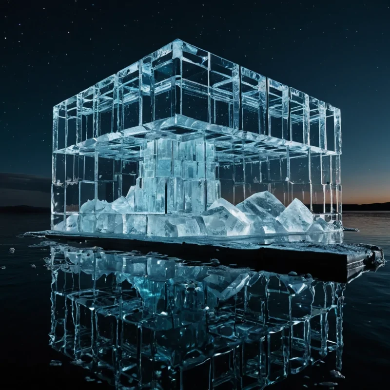 A hyperrealistic, wideangle shot of a sprawling, geometric ice palace constructed from millions of transparent, faceted cubes of frozen water, suspended in midair over a calm, dark obsidian lake at midnight. The structure glows with an internal, coolwhite luminescence that refracts through the ice layers, creating complex, prismatic light patterns on the waters surface below. In the foreground, a sleek, minimalist gondola made of polished chrome and transparent glass glides silently along a narrow, elevated track of solidified light, carrying a solitary figure wrapped in a shimmering, iridescent silver cloak. The sky above is a deep, starless void filled with swirling, nebulalike clouds in shades of electric blue and soft