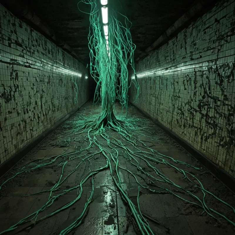 A vast, selfrewriting tangle of bioluminescent roots erupts from the cracked earth of a forgotten subway platform, each tendril not growing forward but backward in time, unspooling the very fabric of forgotten journeys. The roots pulse with a slow, deepgreen light that doesnt illuminate  it unilluminates, erasing the memory of every footstep that ever echoed in the tunnel, dissolving each ghostly footprint into a shimmering cloud of suspended, crystalline breath. The platform itself is not abandoned  it is unabandoned, its tiles peeling backward like the skin of a wound healing in reverse, revealing not soil beneath, but a layered archive of silent conversations, halfspoken
