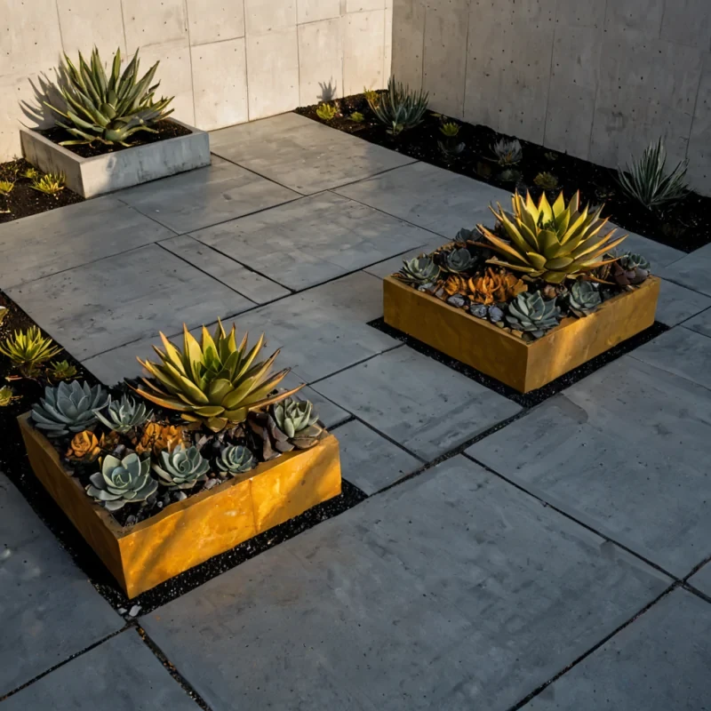 A topdown, isometric view of a minimalist, brutalist courtyard paved with polished, matteblack slate tiles, reflecting the soft, diffused light of an overcast sky. In the center sits a massive, irregular sculpture composed entirely of stacked, transparent acrylic blocks in varying shades of amber and honey, internally illuminated by warm, filament bulbs that cast long, geometric shadows across the floor. Surrounding the sculpture are low, rectangular planters made of raw, unpainted concrete, overflowing with dense clusters of silverleafed succulents and spiky, variegated agave plants. The scene is devoid of human presence, focusing on the stark contrast between the warm, glowing organic forms of the plants and the cool, hard geometry of the