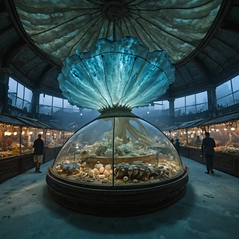 A wideangle, cinematic shot of a sprawling, suspended bazaar built within the hollowedout shell of a colossal, translucent giant clam, floating amidst a sea of thick, iridescent fog. The market stalls are crafted from polished coral and woven kelp fibers, displaying exotic goods such as vials of liquid starlight, clocks made of spinning gyroscopes, and fabrics that shift color with movement. In the center, a merchant with skin resembling smooth alabaster adjusts a delicate instrument composed of floating glass chimes and silver wires. The lighting is soft and diffused, casting long, ethereal shadows across the curved, pearly interior walls, with beams of pale blue light piercing through cracks in the shell above. The scene is rendered in