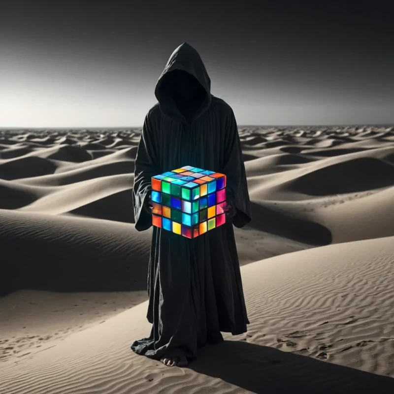 Photorealistic, Ultra HD portrait of a sentient, levitating, neonlit holographic Rubiks cube, its ethereal form pulsating with intricate, bioluminescent fractal patterns, set against a surreal, monochromatic landscape of undulating, shadowy dunes, with volumetric lighting casting dramatic shadows and emphasizing the cubes dynamic, fluid movements, and a subtle, cool bokeh effect creating a sense of isolation and mystery, as a lone, spectral figure, cloaked in a tattered, hooded robe, stands silently at the edge of the frame, their face obscured by shadows, adding an enigmatic, haunting touch to the otherwise abstract scene.