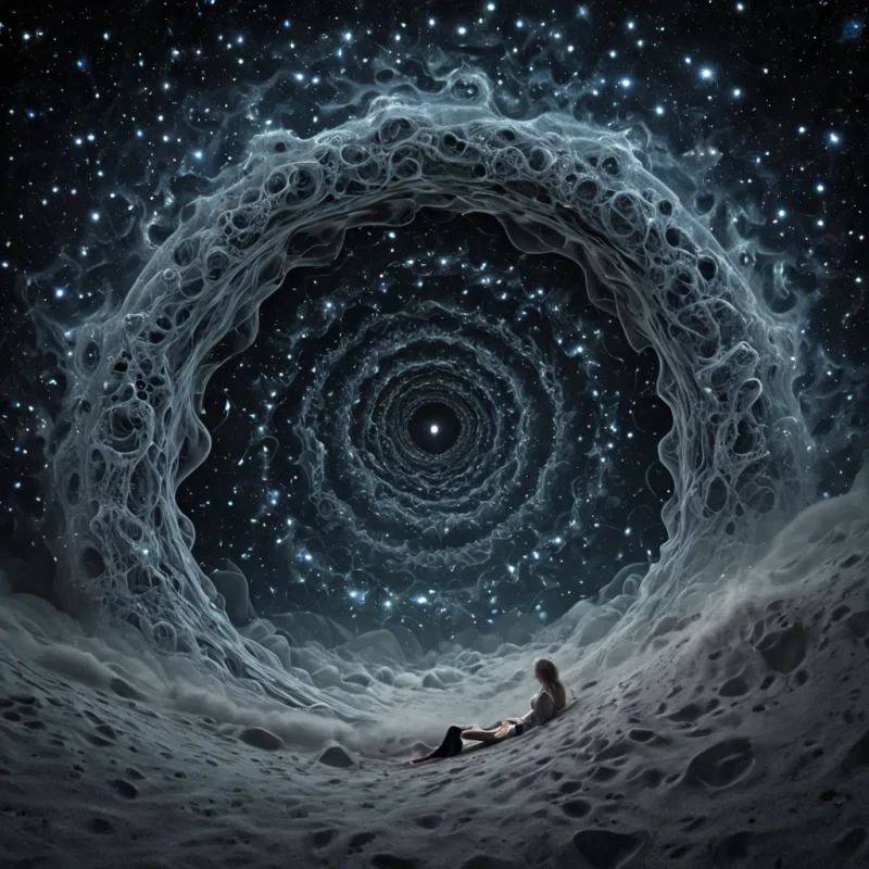 A single, selfilluminating fractal of reversed dreams, shaped like a 7,391dimensional constellation of unformed sleep and inverted lucidity, drifts through the hollow core of a vast, inverted dreamscapes of solidified wakefulness. Each point is spun from the exact moment between a thought forming in the subconscious and its refusal to coalesce into imagery, a memory dissolving into mist and refusing to crystallize into narrative, a heartbeat syncing with the rhythm of a forgotten nightmare and collapsing into pure, unmeasured nonsleep. The constellation does not dreamit undreams, each pulsing star shedding a layer of psychic potential that never coalesced into narrative, emotion, or the weight of being imagined