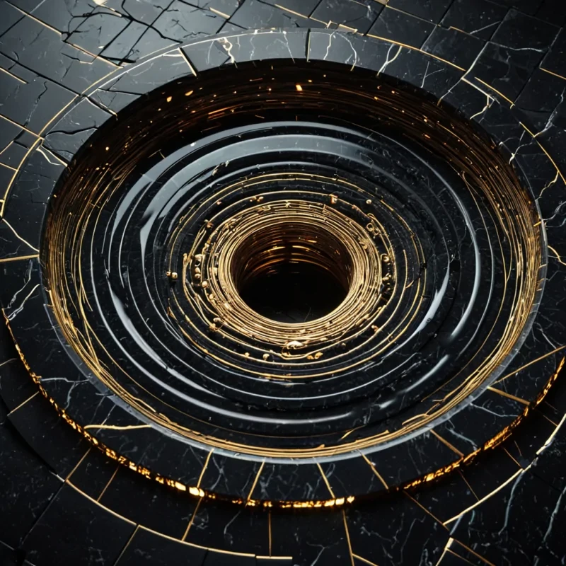 A hyperrealistic, overhead macro shot of a vast, circular arena floor composed of seamless, dark, matte slate, where a complex, threedimensional geometric puzzle is being solved by a swarm of thousands of tiny, transparent, hollow glass spheres. Each sphere is filled with a different rare, inert gas that glows with a unique, distinct hue, creating a shifting mosaic of spectral colors that ripple and swirl as an invisible magnetic field stirs the array. In the center of the formation, a single, massive, rotating torus made of polished, obsidian black marble with gold inlay spins slowly, its surface etched with microscopic, glowing equations in a fictional, angular script. The lighting is dramatic and highcontrast, with sharp, white