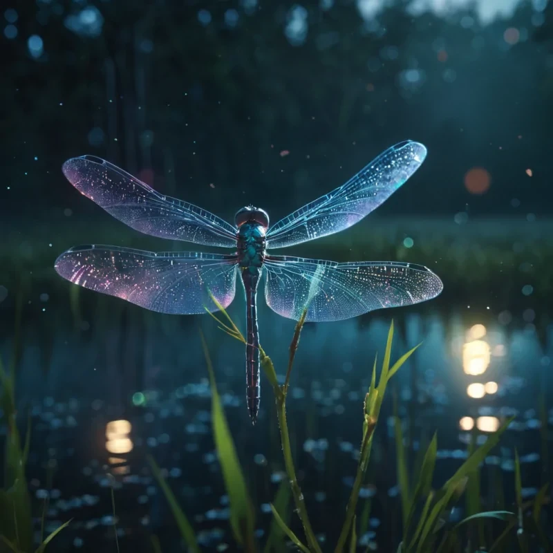 A levitating, crystalline dragonfly with iridescent wings, hovering above a lush, bioluminescent marsh at night, hyperrealistic, ultra HD, cinematic lighting, volumetric lighting, atmospheric effects, dynamic lighting, bokeh effect, soft focus, lens flare, pastel tones, detailed textures.