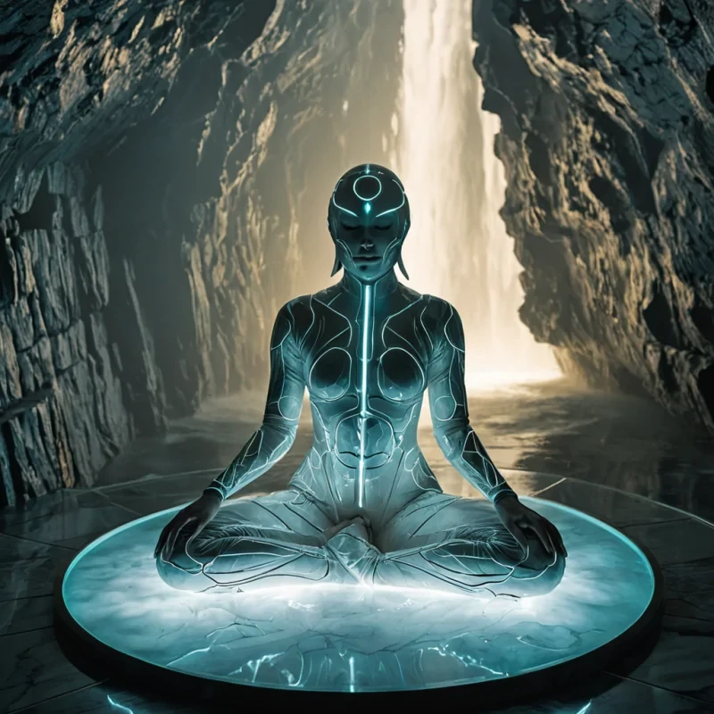 A horizontal, eyelevel closeup of a serene, highaltitude meditation chamber constructed from layers of translucent, frosted alabaster and polished chrome, situated on the flat plateau of a floating mountain island surrounded by cascading waterfalls that freeze into mist before hitting the sea miles below. The room features a circular floor made of dark, slate stone inlaid with intricate, glowing circuitry patterns in soft gold and teal that pulse rhythmically, mimicking a heartbeat. In the center, a figure wearing a sleek, minimalist white ceramic armor suit with exposed, humming vacuumtube technology sits crosslegged, meditating with eyes closed. The lighting is soft and diffuse, filtering through the alabaster walls to create a warm, ethereal glow