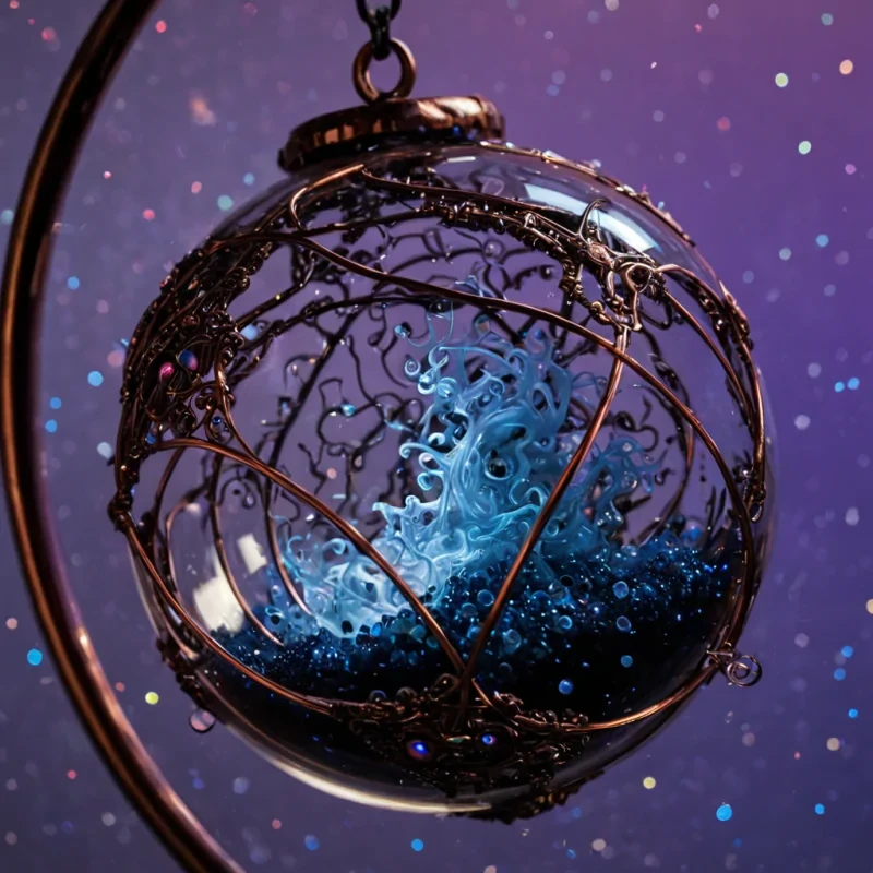 A macro, extreme closeup view of a solitary, translucent glass sphere floating in a zerogravity void, containing a miniature, swirling storm of metallic mercury droplets and floating shards of iridescent opal. The sphere is suspended within a larger, intricate framework of interwoven copper wires and delicate, silver filigree that forms a complex, geometric cage around it. The lighting is dramatic and directional, casting sharp, highcontrast reflections on the curved glass surface, while the interior storm is illuminated by a soft, internal glow of electric blue and violet hues. The background is a deep, velvety black, punctuated by tiny, outoffocus stars that create a bokeh effect, emphasizing the isolation and intricate detail of the