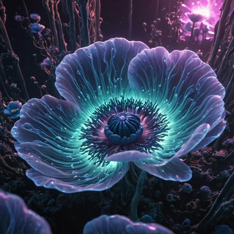Photorealistic, colossal, undulating, opalescent, anemone metropolis, its hyperrealistic, 4K, lustrous, pearlescent petals unfurling ultra HD, bioluminescent, zerogravity ecosystems. Volumetric lighting from unseen, pulsating, bioluminescent hearts etches the citys ethereal, organic architecture, casting intricate, dynamic, neon shadows on the inverted, reflective void. Cinematic lighting bathes the scene in vibrant, otherworldly hues, with lens flare emphasizing the citys central, radiant, throbbing, crystalline heart, pulsating with captive, alien energy.