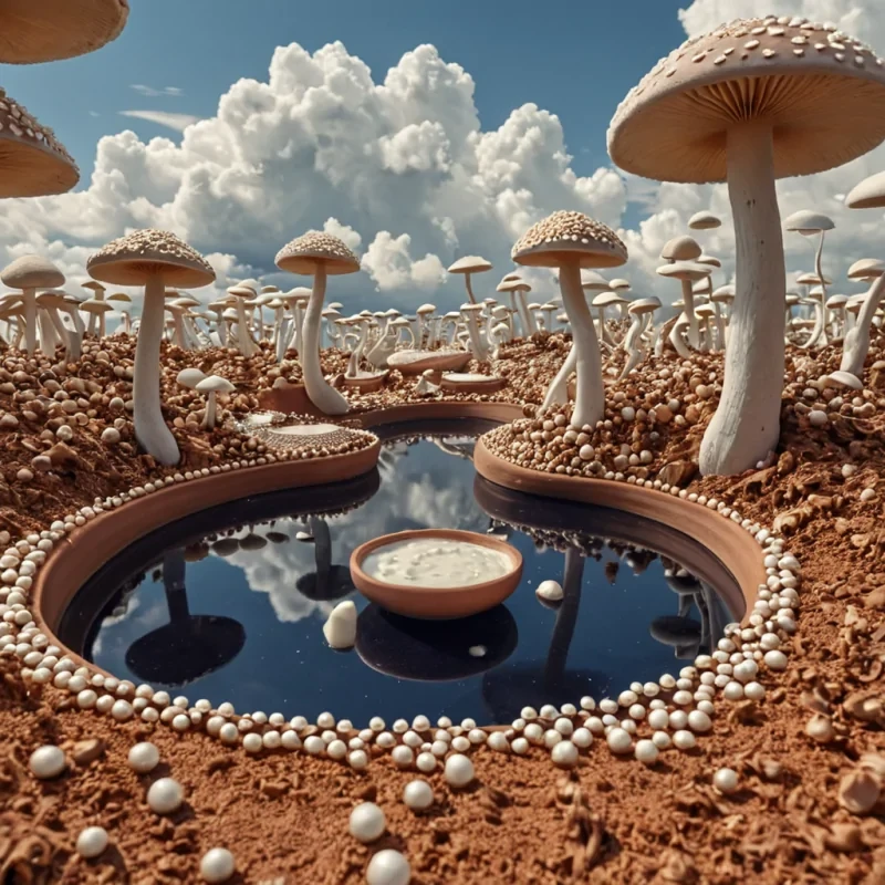 A horizontal, eyelevel wide shot of a surreal, floating archipelago composed entirely of massive, hollowedout ceramic bowls in varying shades of matte terracotta, cream, and deep indigo, suspended in a sky filled with slowmoving, cottonlike clouds of vaporized milk. Each bowl contains a miniature, selfcontained ecosystem one holds a tiny, still lake reflecting the clouds, another cultivates a dense forest of miniature, glowing mushroom caps, and a third features a winding path made of crushed pearls. In the foreground, a figure wearing a structured, avantgarde suit made of stiff, pleated linen in a warm beige tone stands on the rim of the largest bowl, holding a long, slender staff topped with a rotating,