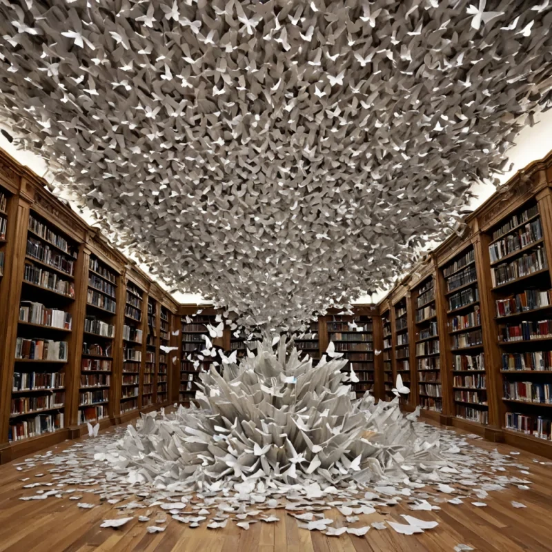 A single, selfreplicating swarm of iridescent, nonEuclidean butterflies made of solidified silence and woven quantum foam drifts through the center of a vast, inverted library carved from the inside of a collapsing white dwarf, its shelves not wood but layers of compressed, fossilized data streams from civilizations that never communicated. The butterflies do not flappethey phase, each wingbeat unraveling a new dimension of meaning that refracts not light, but the emotional residue of a thought that never formed. The library walls are not stonethey are stratified layers of solidified static from broadcasts that never aired, their texture resembling the ripples of a soundwave frozen midcollapse. The floor is not solidit is a thick,