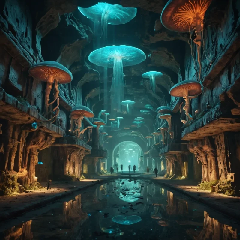 A vast, subterranean city illuminated by bioluminescent fungi, where levitating platforms glide through cavernous halls adorned with ancient, glowing murals, hyperrealistic, 4K, cinematic lighting, volumetric lighting, atmospheric effects, dynamic lighting, bokeh effect, soft focus, lens flare, vibrant colors, detailed textures.