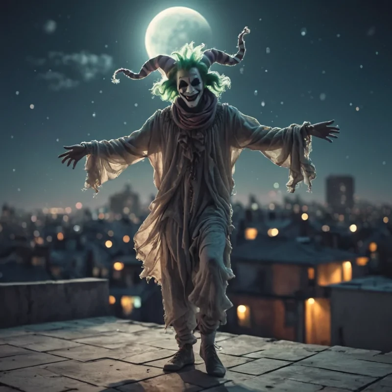 A lone, spectral jester dancing on a moonlit rooftop, his tattered clothes billowing in the wind, hyperrealistic, Ultra HD, cinematic lighting, volumetric lighting, atmospheric effects, bokeh effect, lens flare, pastel tones, detailed textures.