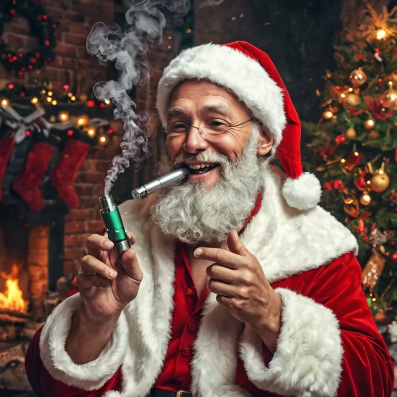 ChristmasFather in a Christmas wonderland, vaping, joyful, christmas themed, happy, vapes