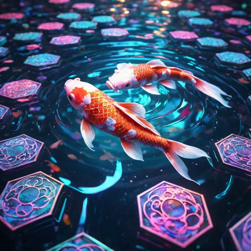 Hyperrealistic neon koi fish with iridescent scales, swimming through a labyrinthine, metallic maze of reflective, swirling pastel hexagons, dynamic lighting with volumetric beams, soft focus on its graceful, luminescent body, vibrant colors, 4K resolution, lens flare dancing around its ethereal form.