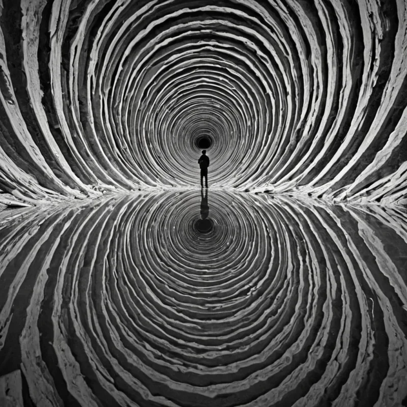 A single, selfsiphoning vortex of condensed stillness, shaped like a 3dimensional helix of inverted memory and unformed recollection, rotates at the center of a vast, inverted lagoon composed of the petrified reflections of a civilization that measured identity through the duration of synchronized, silent stares held just before the first mirror was ever cracked. The vortex does not drainit unremembers, each spiral shedding a layer of selfperception that never coalesced into a shared face, reforming into ephemeral, jadeveined afterimages shaped like the negative space between two eyes that never recognized themselves in the same moment of mutual dissolution. The lagoon is not liquidit is a stratified expanse of compressed nonbeing