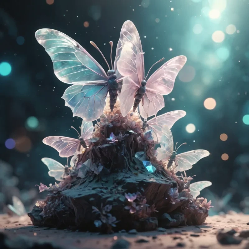A floating island filled with crystal formations, where tiny, iridescent humanoids ride on the backs of giant, translucent moths, hyperrealistic, 4K, cinematic lighting, volumetric lighting, atmospheric effects, dynamic lighting, bokeh effect, soft focus, lens flare, pastel tones, detailed textures.