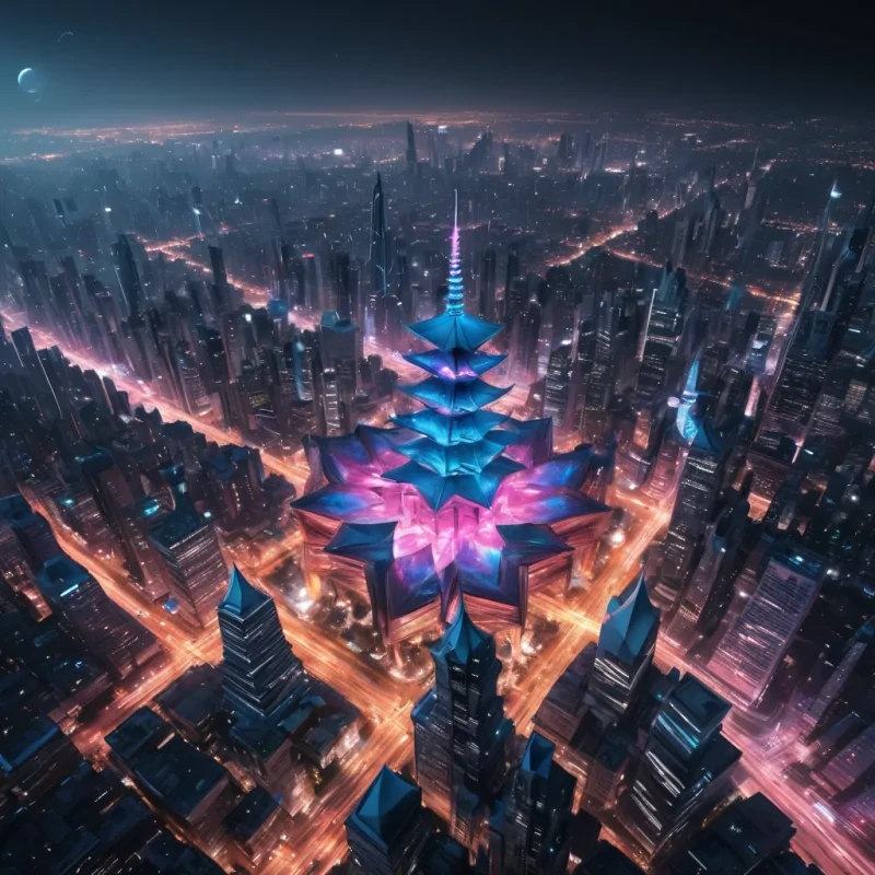 Photorealistic, colossal, levitating, nebulakissed, origami city, its intricate, hyperrealistic, 4K paperthin structures unfurling in ultra HD, casting dynamic, angular shadows on the mirrored, geometric surface of an infinite, starlit void. Volumetric lighting accentuates the citys ethereal, lanternlit towers, while atmospheric effects create a mesmerizing, interstellar haze. Soft focus and lens flare emphasize the citys central, radiant, lotuslike pagoda, as vibrant, neon colors shift and shimmer within its pulsating, bioluminescent heart.