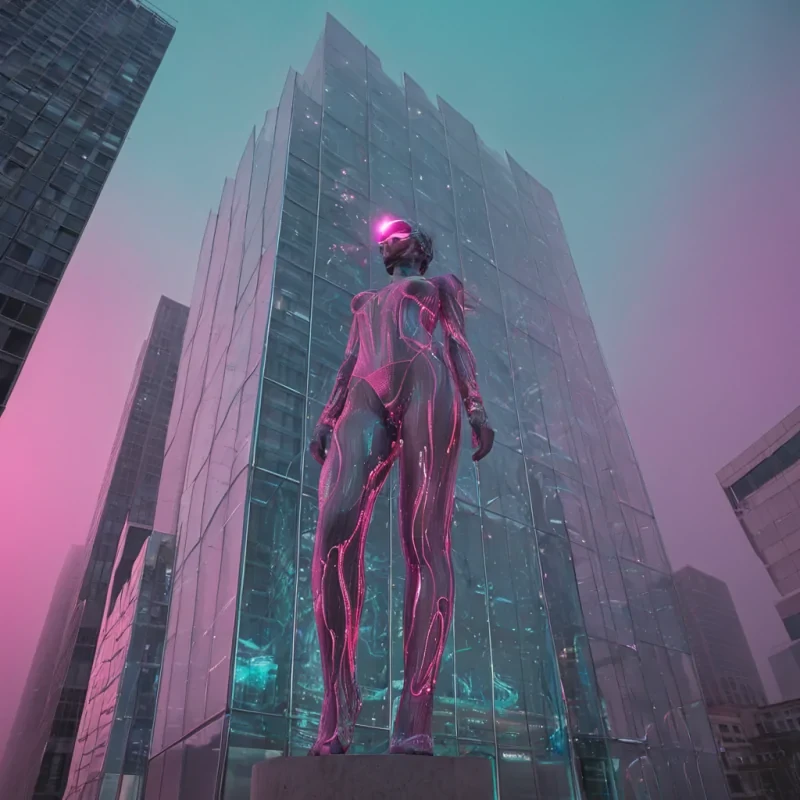 A vertical, lowangle shot of a towering, organic skyscraper constructed from interwoven strands of bioluminescent fiberoptic cables and polished, translucent quartz, situated in a dense, mistshrouded urban plaza under a sky dominated by a large, pale red moon. The buildings surface pulses with rhythmic waves of soft cyan and magenta light, causing the surrounding fog to shimmer with ethereal, iridescent hues. In the foreground, a digital archivist with cool, silvertinted skin and wearing a sleek, formfitting bodysuit made of reflective chrome mesh and layered with holographic fabric panels stands on a hovering, circular platform of frosted glass. They are using a delicate, transparent dataglove