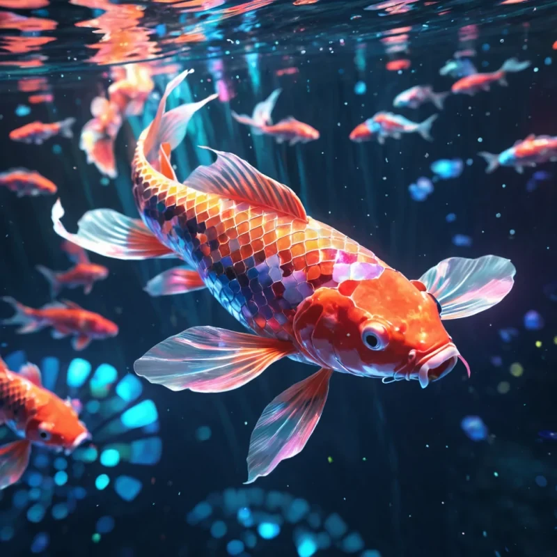 Hyperrealistic neon koi with iridescent scales, gracefully gliding through a floating, geometric web of reflective, swirling pastel octagons, dynamic lighting with volumetric beams, soft focus on its delicate, luminescent body, vibrant colors, 4K resolution, lens flare shimmering around its ethereal form in a surreal, futuristic underwater metropolis.