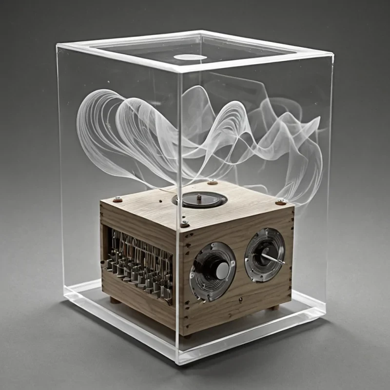 A single, selfdissolving filament of reversed nostalgia pulses through the core of a floating, inverted music box carved from the thermal afterimage of a thousand unplayed melodies that never danced in the air of a world that never knew how to listen. The filament does not rotateit unspools, each twist unraveling a moment of harmony into its original dissonance, releasing a wave of negative rhythm that fractures the fabric of sound into a drifting mist of silver, geometric silence, each one etched with the chromatic residue of a note that never vibrated through the hollow of a room that never held a song. The music boxs gears are not turningthey are suspended in midunmeshing, each tooth a memory of a key that