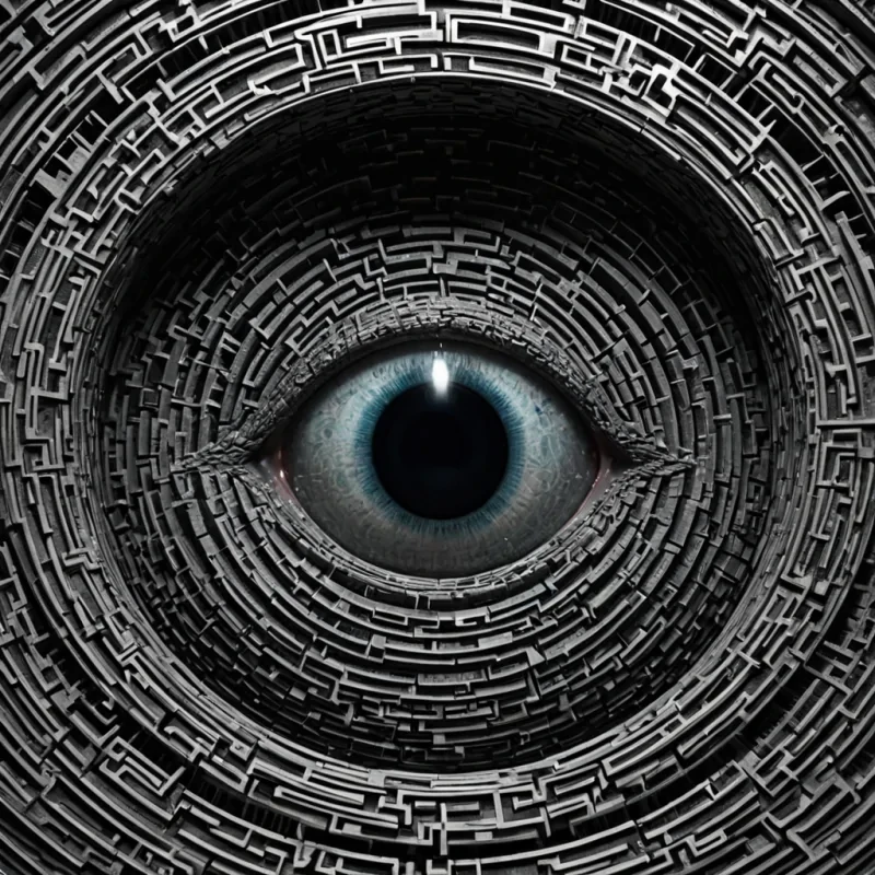 A single, selfoscillating node of reversed perception, shaped like a 347dimensional mosaic of unformed sight and inverted awareness, flickers at the center of a vast, inverted mirrorlabyrinth of solidified blindnesseach reflective surface carved from the exact moment between an eye opening and its refusal to focus, a gaze shifting and dissolving into nondirectional void, a reflection forming and collapsing into pure, unobserved darkness. The node does not seeit unsees, each pulsing shard shedding a layer of visual potential that never coalesced into a shared glance, reforming into ephemeral, iridescent afterimages shaped like the negative space between two pupils that never dilated in unison. The labyrinth
