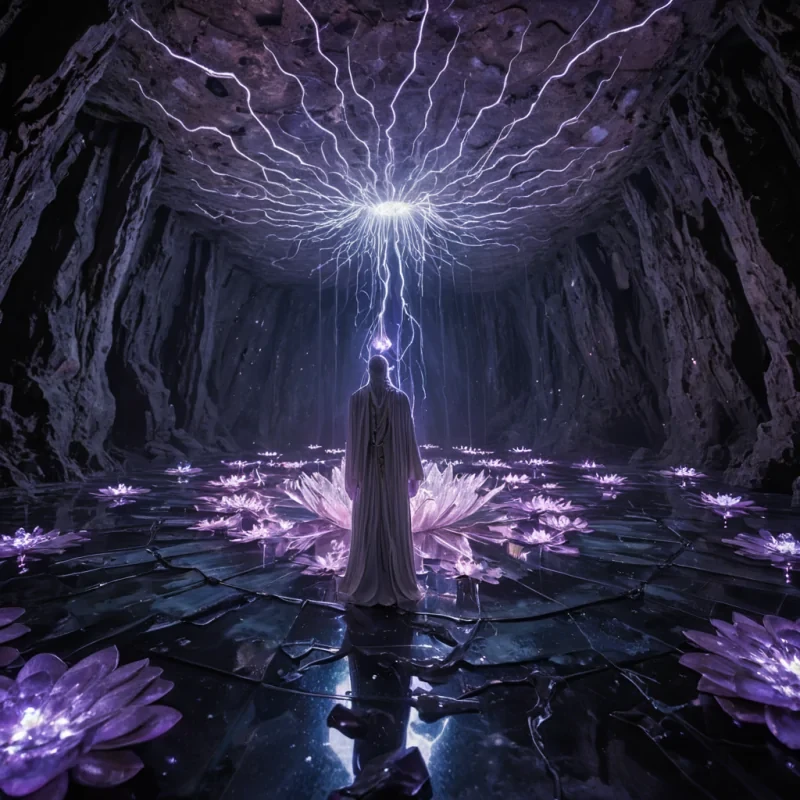 A hyperrealistic, wideangle cinematic shot of a vast, subterranean cavern where the floor is composed of seamless, polished obsidian glass reflecting the ceiling, which is a dense, floating forest of crystallized lightning bolts frozen in time, glowing with an intense, electric violet charge. Scattered across the reflective floor are dozens of massive, intricate, mechanical lotus flowers made of layered, translucent, iridescent opal, each petal embedded with microscopic, glowing fiber optic threads that pulse with a slow, rhythmic, golden light. In the center of the scene, a single, humanoid figure stands motionless, their body composed of smooth, matte, white ceramic, wearing a flowing robe made of woven, liquid silver that ripples