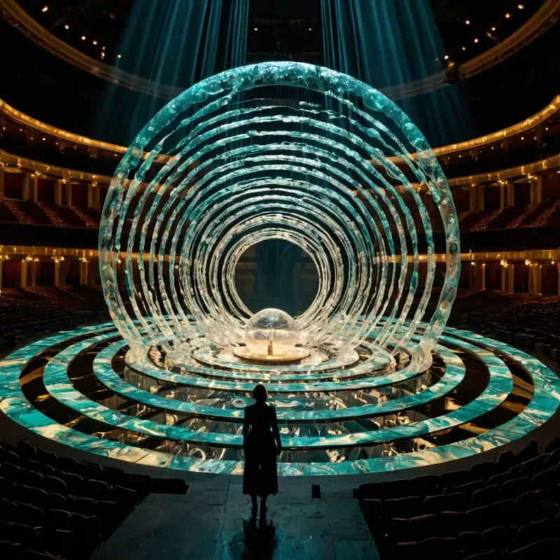 A vertical, highangle wide shot of a luminous, circular amphitheater constructed from interlocking rings of polished turquoise marble and brass inlays, floating within a dense, iridescent cloud of suspended soap bubbles. The amphitheaters seating tiers are carved with intricate, spiral grooves that channel streams of glowing, viscous liquid gold, creating concentric rivers of light that flow toward a central, empty stage. The stage floor is a perfect mirror of dark obsidian, reflecting the chaotic, rainbowhued refractivity of the surrounding bubble atmosphere. In the center of the stage, a solitary figure wearing a structured, avantgarde outfit made of stiff, pleated white silk stands perfectly still, holding a tall, slender staff topped with