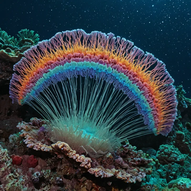 A single, selfsustaining cascade of reversed rainbows flows upward through the center of a floating, inverted coral reef suspended in the thermosphere of a rogue planet, its structure not calcium carbonate but grown from the solidified refractions of a million unobserved sunrises that never touched the surface of any ocean. The cascade does not fallit ascends, each droplet refracting not light but the silent pressure of a world that never learned to cry. The reefs polyps are not biologicalthey are crystalline nodes of compressed auroras, each pulsing with the harmonic frequency of a language spoken only in the absence of sound. The water surrounding it is not liquidit is a viscous, timestretched gel of forgotten