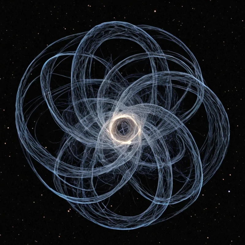 A single, selfilluminating knot of reversed light, shaped like a 1,000,000,000,000dimensional tangle of unformed photons and inverted luminescence, floats at the center of a vast, inverted void of solidified darknesseach shadow carved from the exact moment between a star igniting and its refusal to burn, a candle flickering and dissolving into nonthermal stillness, a glance meeting another and collapsing into pure, unmeasured obscurity. The knot does not emit lightit unemits it, each trembling strand shedding a layer of radiative potential that never coalesced into visible energy, reforming into ephemeral, voidveined