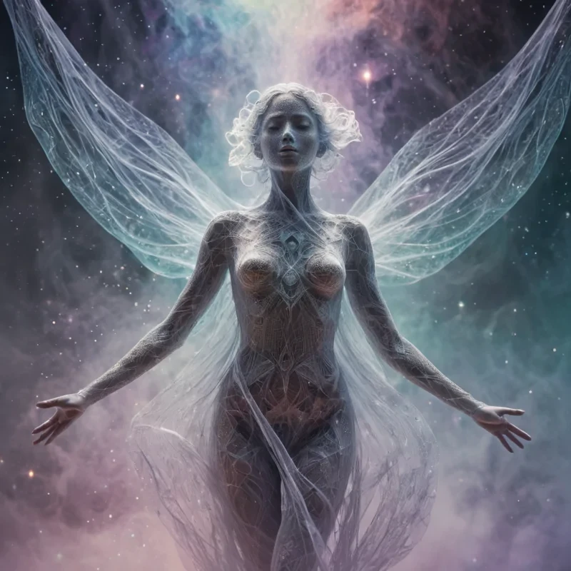 Ethereal Echo A hyperrealistic, Ultra HD, spectral figure, adorned with intricate, detailed textures, materializes within a cinematic, volumetric fog. The figures translucent form casts dynamic, ethereal shadows, while atmospheric effects create a mesmerizing, otherworldly dance of light. A colossal, iridescent, crystalline structure, pulsating with vibrant, pastel hues, looms behind the figure, its geometric patterns casting a soft, bokeh effect. The figures serene, enigmatic expression seems to whisper secrets of the cosmos, as its spectral form reaches out towards a distant, ultraHD, pulsating nebula.