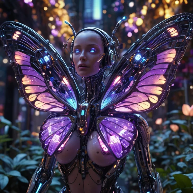 A hyperrealistic, 4K, ultra HD portrait of a cyborg butterfly, its iridescent wings shimmering with the colors of a neondrenched metropolis at night. The butterflys eyes, a deep, enigmatic amethyst, hold the secrets of a thousand mechanical transformations. Its body, a cascade of shimmering, holographic circuits, gently pulses with each beat of its cybernetic heart. The background is a surreal, hightech garden filled with floating robotic flowers and the soft glow of LED petals. Cinematic lighting accentuates the butterflys otherworldly beauty, while a subtle bokeh effect blurs the neonlit garden, creating an intimate, focused atmosphere.