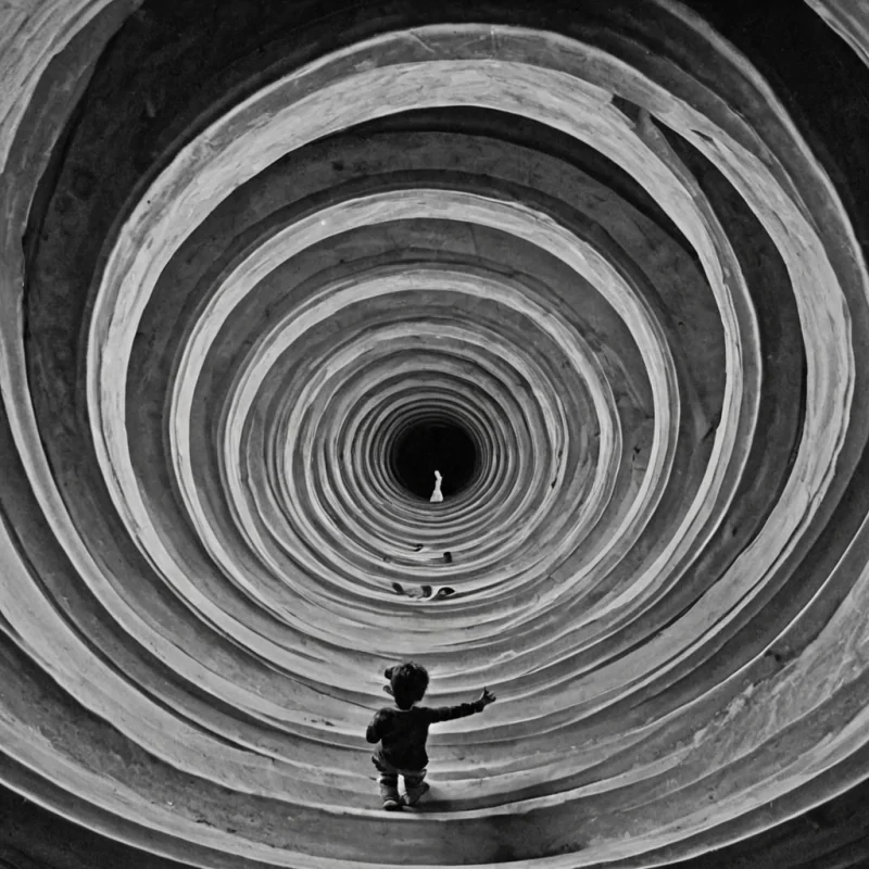 A single, selfsilencing echo of reversed laughter, shaped like a 17,349dimensional spiral of unformed joy and inverted resonance, drifts through the center of a vast, inverted cathedral of solidified sorrow. Each ripple is born from the exact moment between a childs giggle fading into air and its refusal to vanish, a hand clapping in celebration and dissolving into noncontact, a song beginning to rise and collapsing into pure, unmeasured nonharmony. The spiral does not amplify soundit unamplifies it, each receding wave shedding a layer of emotional potential that never coalesced into warmth, connection, or shared delight, reforming into ephemeral, rosequartz veined mist